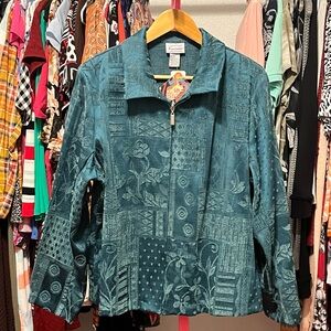 Teal Textured floral paisley zip up coat